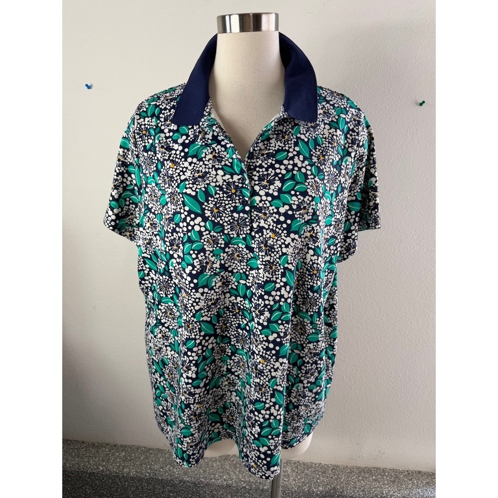 Lands End Womens Plus 2X‎ 20W-22W Blue Green Floral Short Sleeve Polo Top